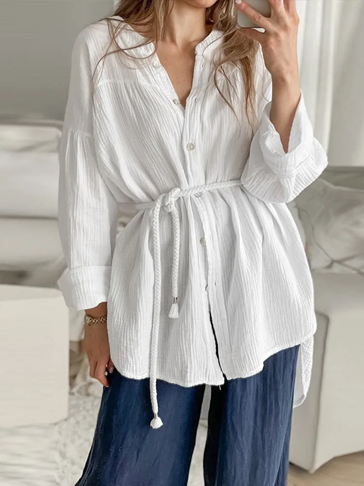 Crape White Belts Shirts Women O-neck Single Breasted Loose Long Sleeve Female Shirt 2025 Spring Casual All-match Blouse Top