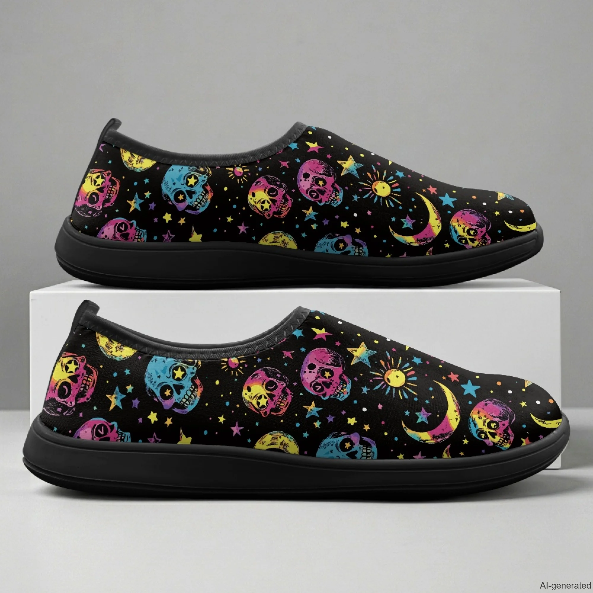 

XIXIRIMIDO Slip-on Wide-toed Shoes Men's Breathable Mesh Shoes Skull Print Womens Fashion Sneakers Walking Shoes 36-46