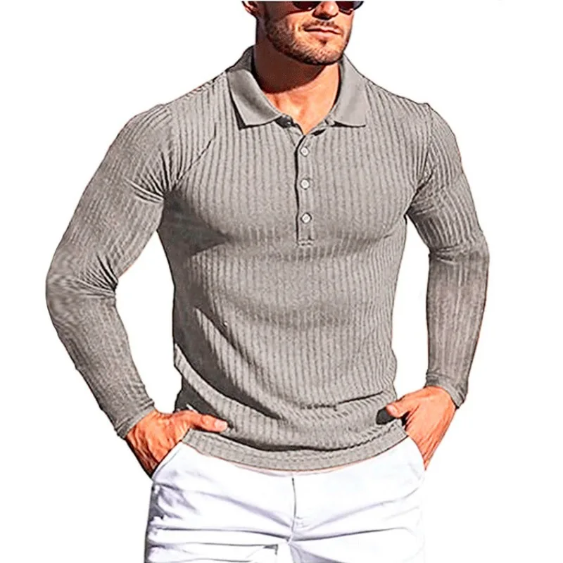 Men's Running, Sports and Fitness Clothing High Elastic Vertical Stripe Long Sleeved POLO Shirt Slim Fit Knitted Bottom Shirt