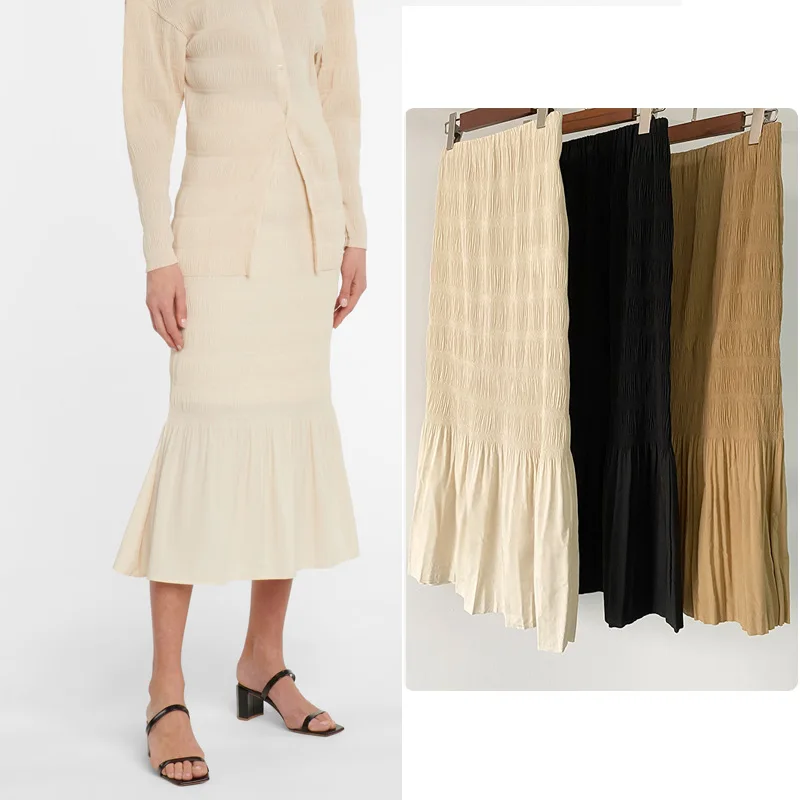 

Withered Spring And Summer New Slim Fit High Waist Threaded Pleated Fish Tail Skirt With Pleated Elastic Waist Soft Half Skirt