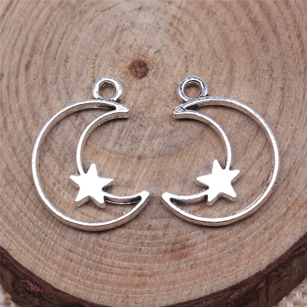 WYSIWYG 20pcs 16x14mm Antique Silver Color Hollow Moon Stars Charms Pendant For Jewelry Making DIY Jewelry Findings