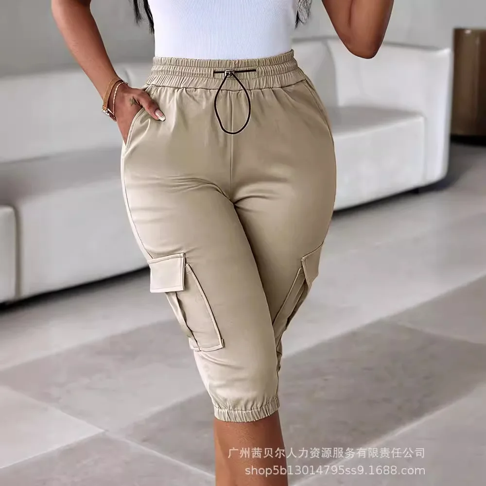 Women's Khaki Casual Pocket Elastic Cropped Pants