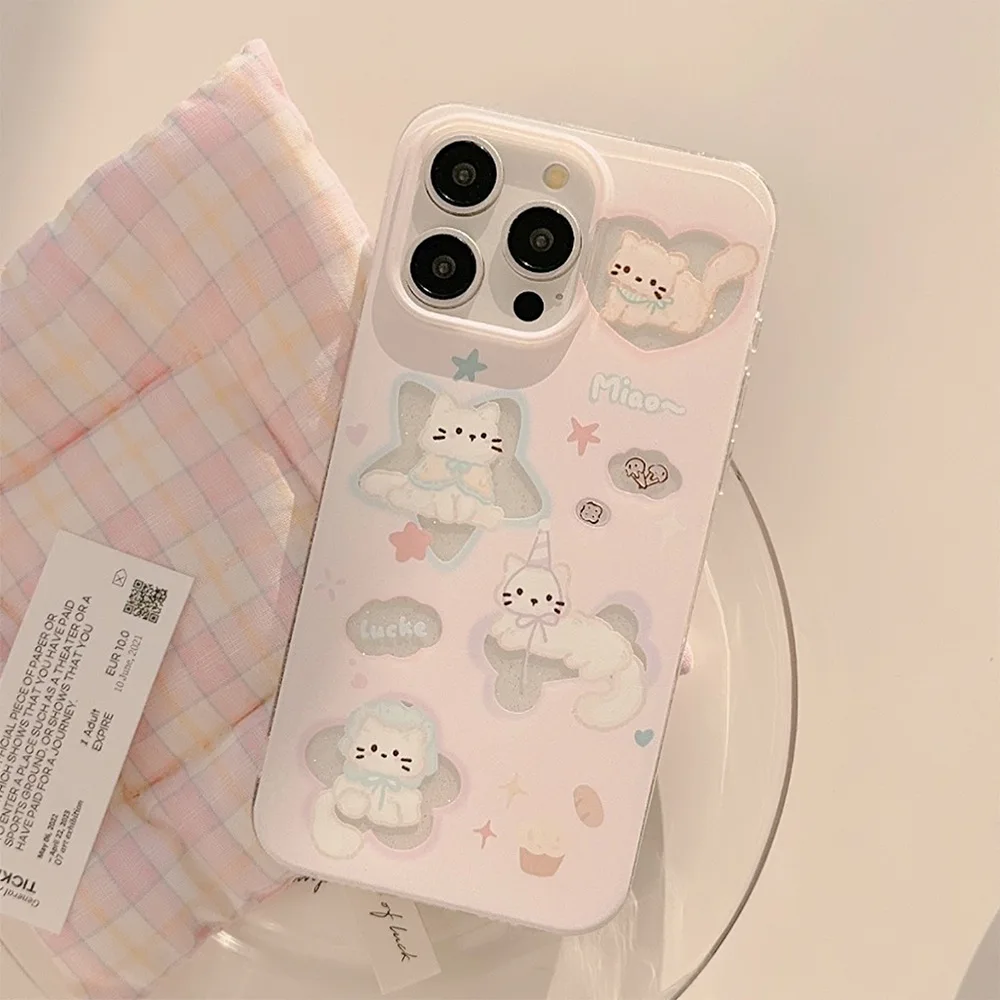 Koreanische Cartoon Kätzchen Sterne Aushöhlen Glitter Weiche Telefon Fall Für iPhone 17 Air 16 15 14 13 12 11 Pro Max plus Stoßfest Abdeckung