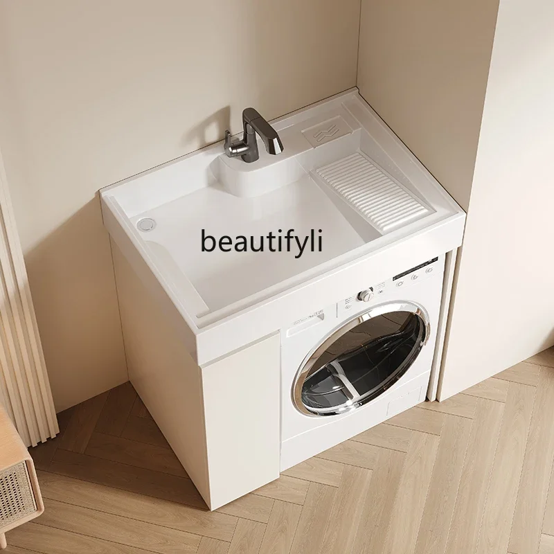 

yj15 Balcony small apartment washing machine cabinet bathroom with rubbing board quartz stone sink integrated combination