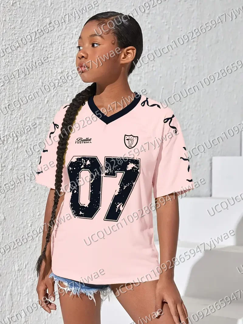 

Summer Girls' Fashionable V-Neck Short Sleeve T-Shirt Letter & Number Print Women's Casual Sport T-shirt Tops Tee