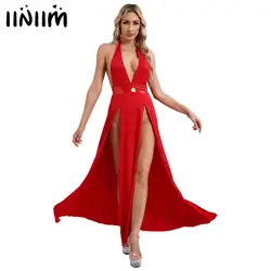 Womens Sexy Nightclub Vestidos Dress Deep V Neck Halter Backless Sleeveless Front High Split High Waist Dress Coquette Clubwear