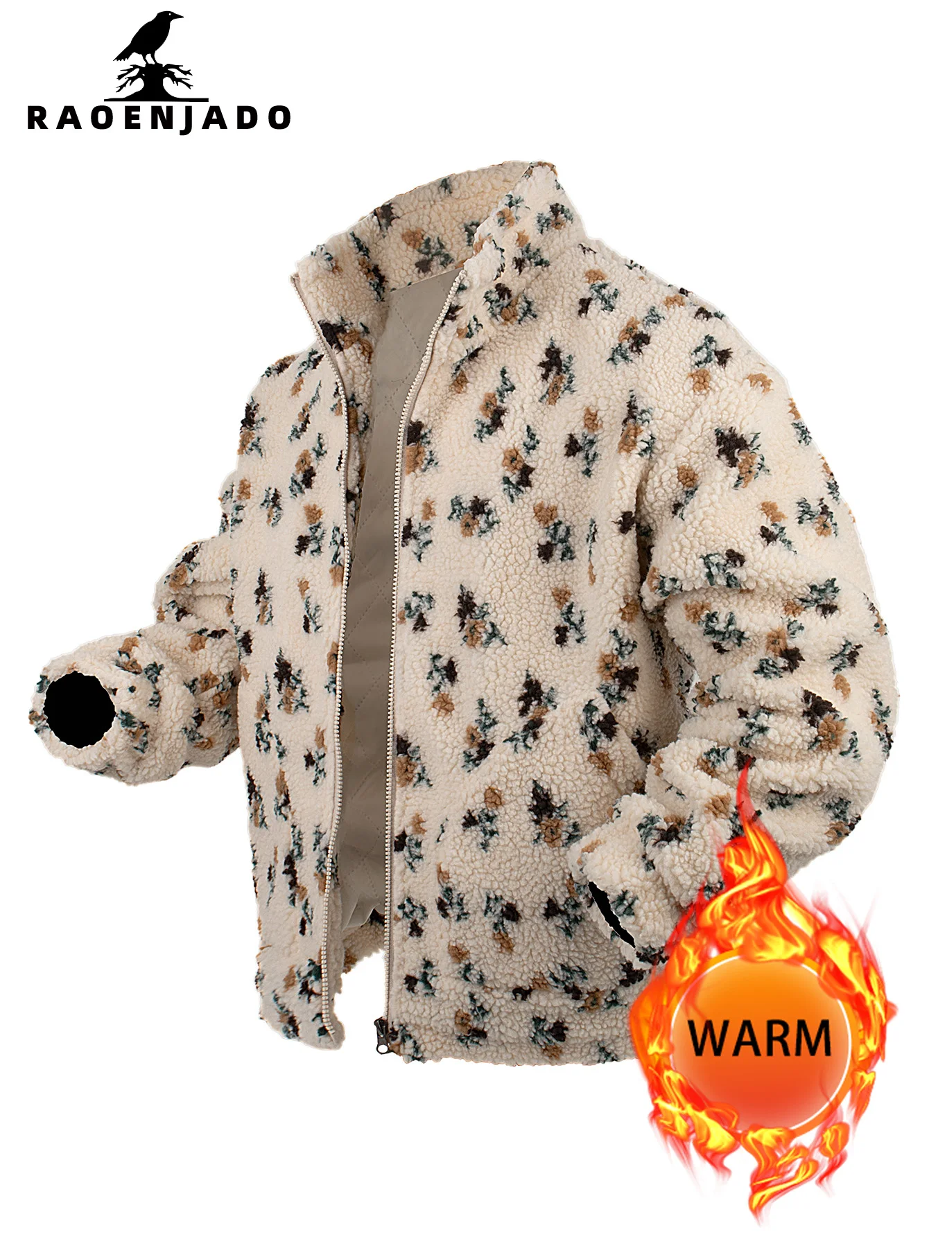 

Men's Lapel Fleece Zipper Jacket Thickened Warm Autumn & Winter Outerwear with Pockets Floral Decorations Pattern Casual Coat