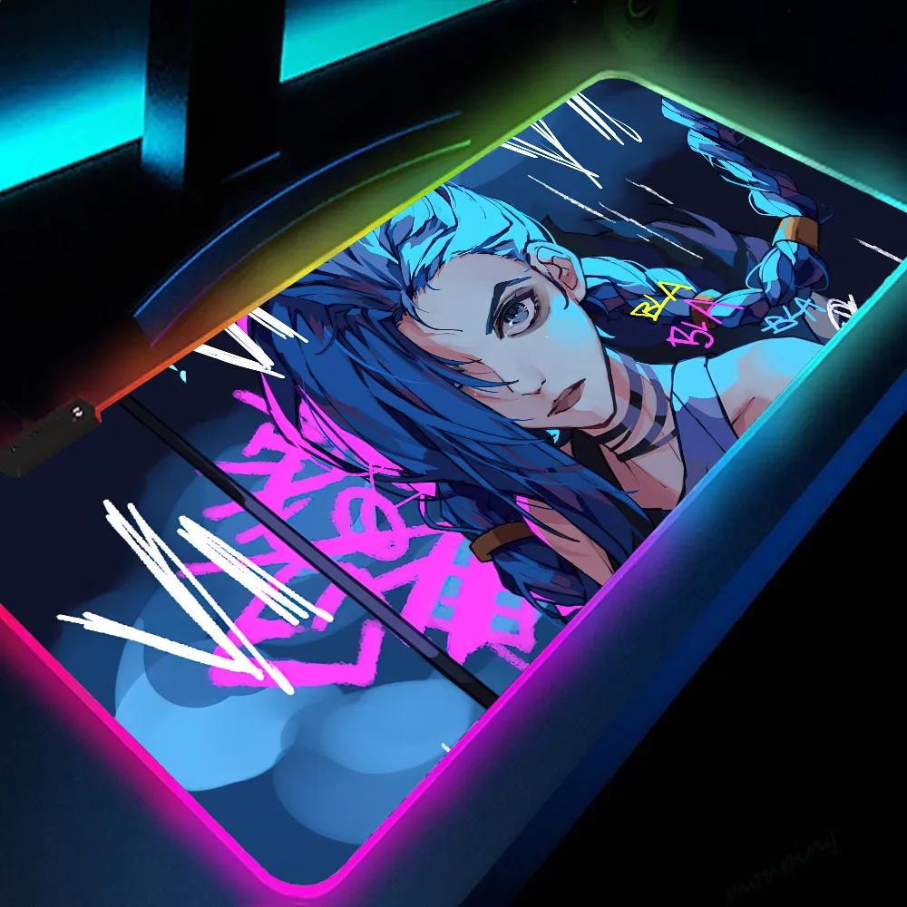 1pc Arcane Cartoon Jinx League Of Legends XXL RGB Gaming Mouse Pads HD Black Gamer Accessories Large LED