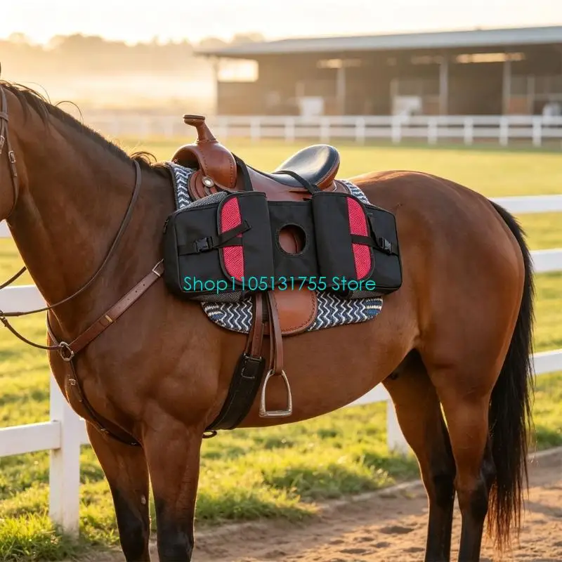 K0EF Black and Red Horse Saddles Bag for Trail and Training Use, with Separate Storage Sections, Openwork Pockets, and