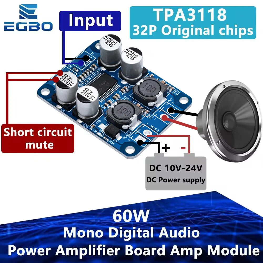 1~10PCS 32PIN CHIP DC 12V-24V TPA3118  60W Mono Digital Audio Power Amplifier Board Amp Module