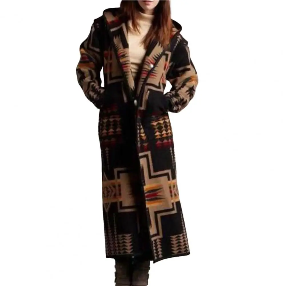 Winter Women\'s Printed Fashion Warm Jacket Thick Wool Long Jacket With Hood And Pockets Women\'s Loose Long Coat Jacket