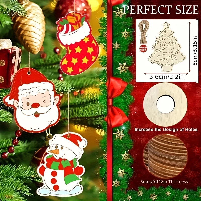 Wooden Christmas Ornaments Socks Bells Snowflakes 80pcs Wood and 20m Jute Rope DIY Blank Hanging Decorations for Home Xmas Decor