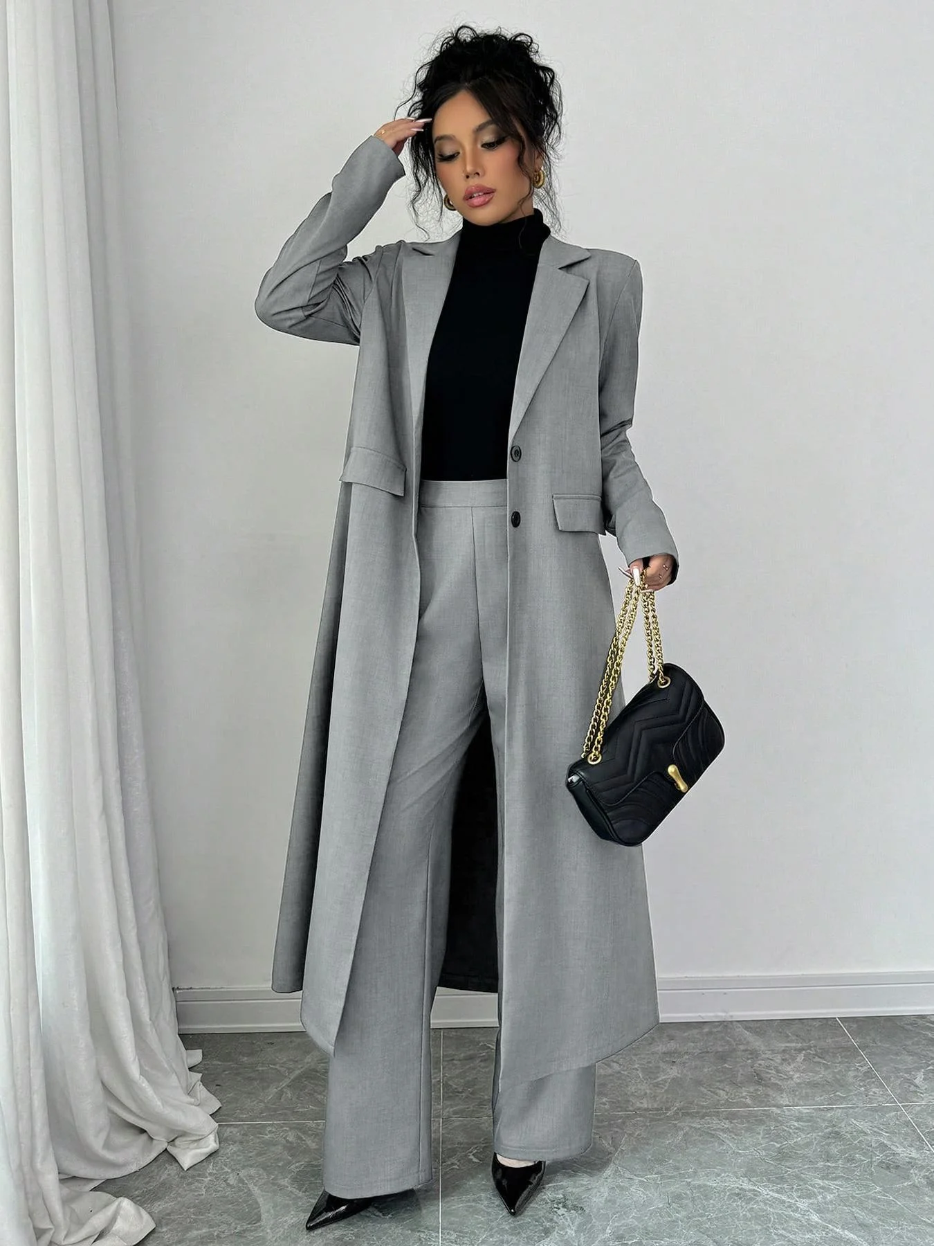 Zweiteiliges Business-Set für Damen, lange Manteljacke und bequeme Anzughose, professionelle Bürokleidung, elegantes Design für Damen