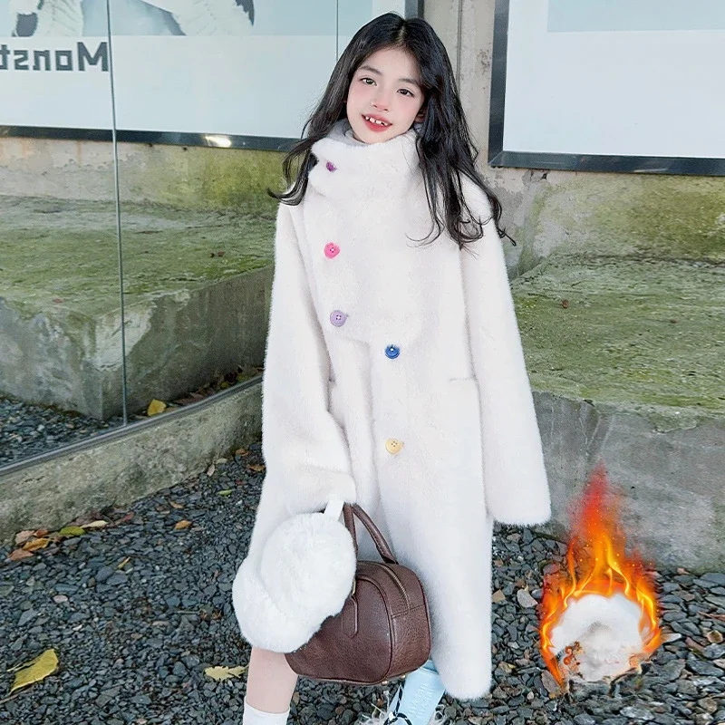 Girls' wool sweater medium long thick warm  collar coat children's fur integrated color buckle winter cold resistant coat