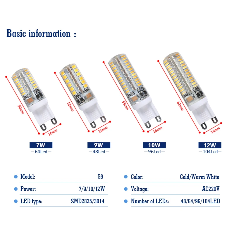 Lâmpada de halogéneo LED Substituição, Lâmpada G9, AC 220V, 6W, 7W, 9W, 10W, 12W, SMD 2835, 3014, 2508, 20W, 30W, 40W, 50W, 6 PCes pelo lote