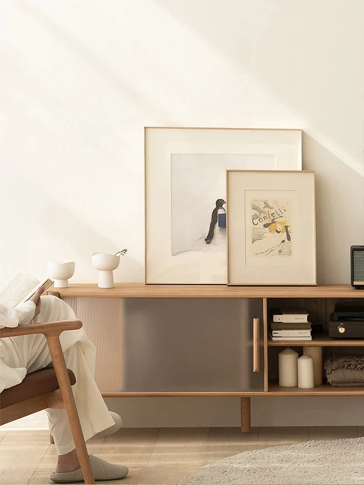 Living room floor-to-ceiling solid wood TV cabinet, simple modern storage side cabinet