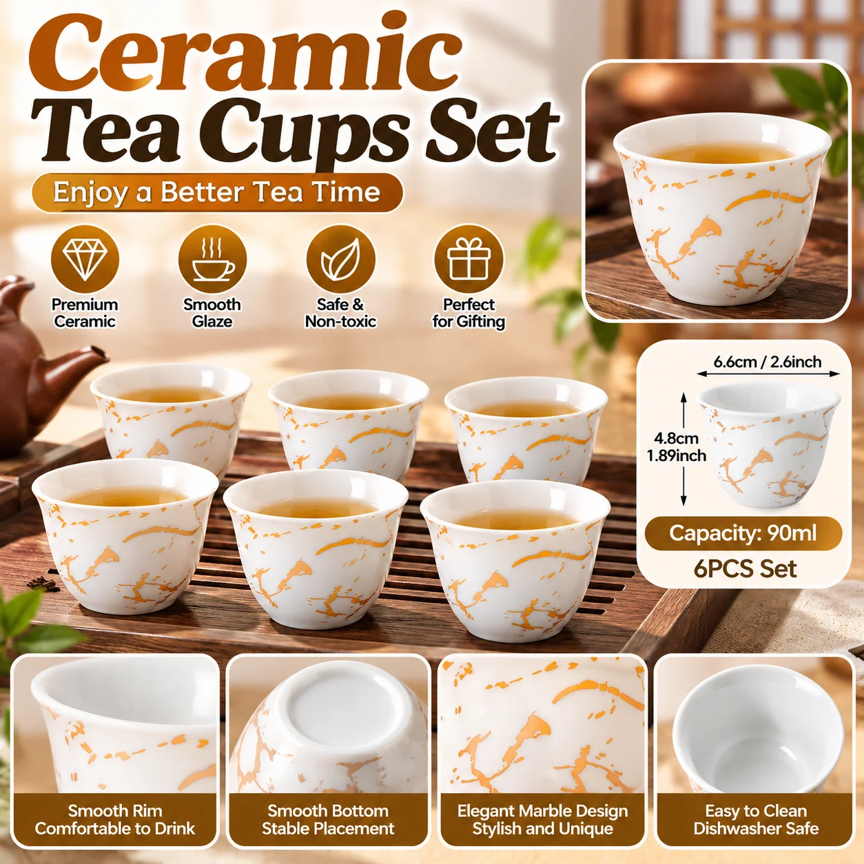 6Pcs Mini Ceramic Espresso Cups, Creative Simple Demitasse Mugs for Latte Art, Small Coffee Cups for Office Home
