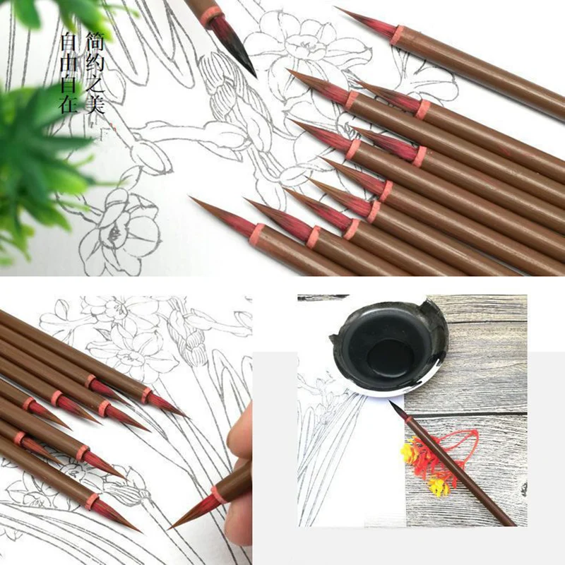 10 PCS Chinese Line Marking Pen Red Weasel Hair Ink Painting Brush Bamboo Handle Thin Line Brush Watercolor Oil Acrylic Supplies