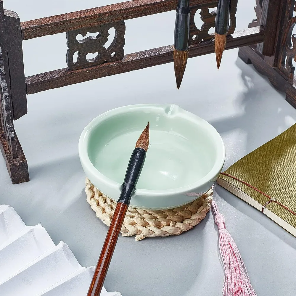 Pottery Ink Plate Porcelain Brush Rest Dish Multifunctional Ink Dish for Chinese Calligraphy and Sumi-e Painting Japanese Prints