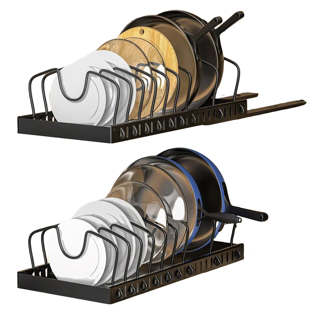

DDHOME 2pcs Cookware and Frying Pan Storage Racks, with Pull-out Pot Lid Storage Racks, Suitable for Use Under Cabinets, Equipped with