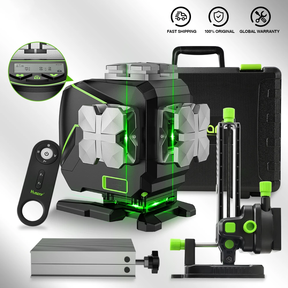 Huepar 12 Lines Laser Level 3D Green Beam Self-leveling 360° With LCD Display Horizontal Vertical Cross Remote Control Functions