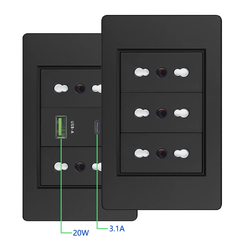 Czarne włochy uniwersalne gniazdo z szybkim ładowaniem rodzaj Usb-c 20W gniazdo ścienne Usb włoska lampa elektryczna przełącznik do montażu