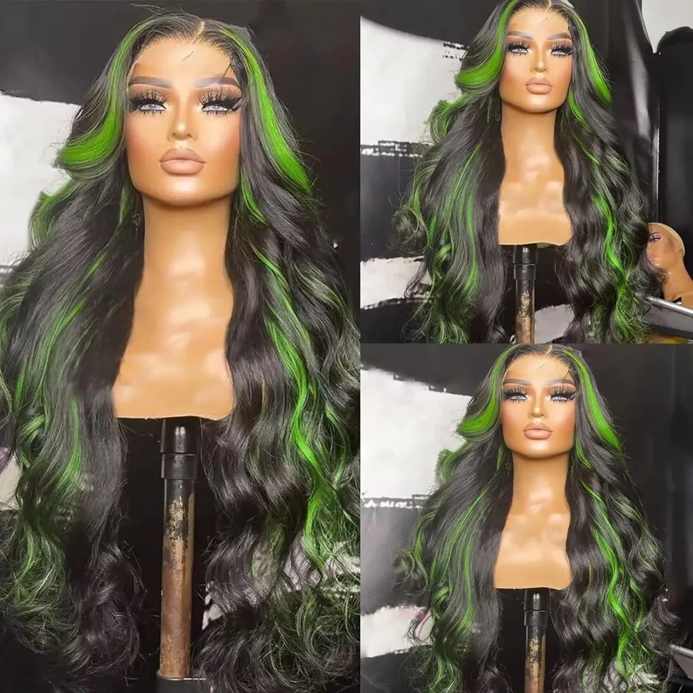 30 Inch Black and Green Highlight Wig 13x4 Body Wave Hd Lace Frontal Wigs Ombre Green Wigs 360 Full Lace Front Wig Pre Plucked