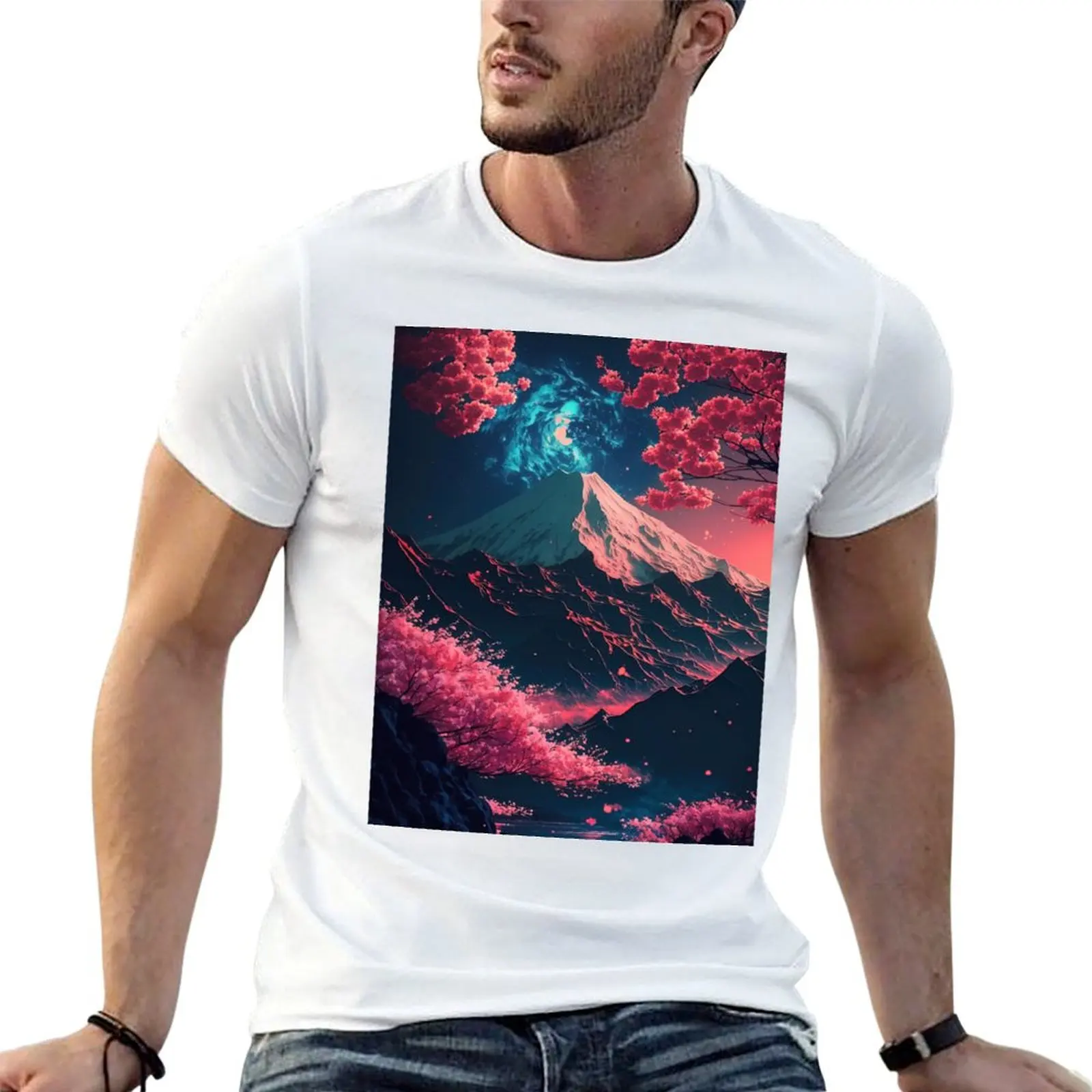 T-shirt japonais Nature Neon Bliss pour homme, t-shirts pour hommes, t-shirt en coton 100%, pack de t-shirts en coton pour homme