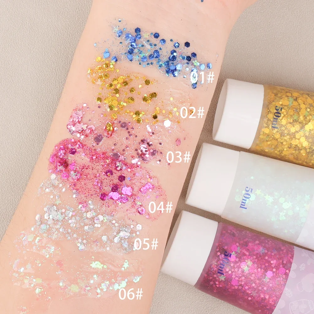 Maquiagem Glitter Gel, 6 Cores, Festival Face, Corpo, Lantejoulas, Creme Colorido, Lip, Olho, Fairy Powder, Dazzling, Polarizing, Maquiagem de Palco