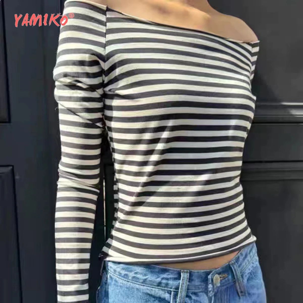 Striped Raw Cut Rolled Slash Neck T-Shirt Women Summer Clothes 2024 Trending Sexy Tees Tops Girls Youthful 2000s Y2K Crop Tops