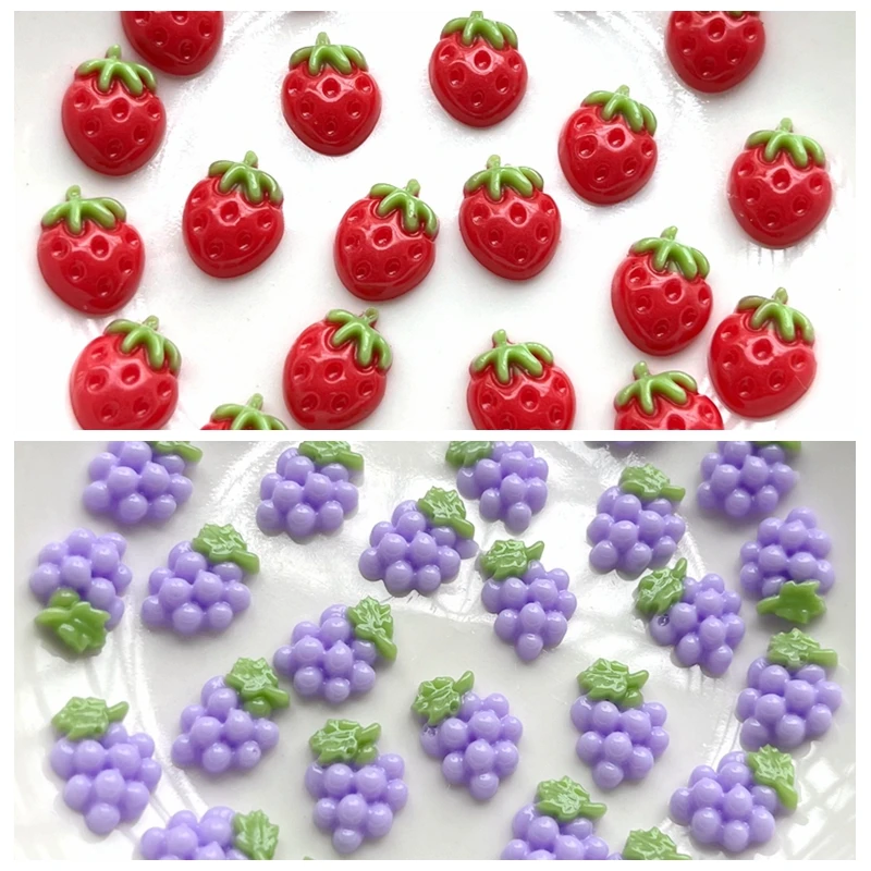 50 pieces/batch Mini Strawberry Fruit/Grape Resin Flat Back Cabochon Mini Food Art Supplies Decoration Charm Crafts