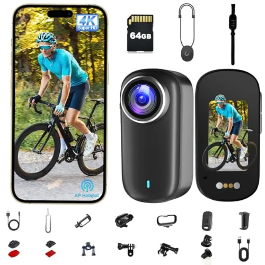 

Action Camera for Vlogging Travel Skiing Motorcycle Cycling, 4K Waterproof POV Camera IP65, Black Plastic Mini Body Cam with 12