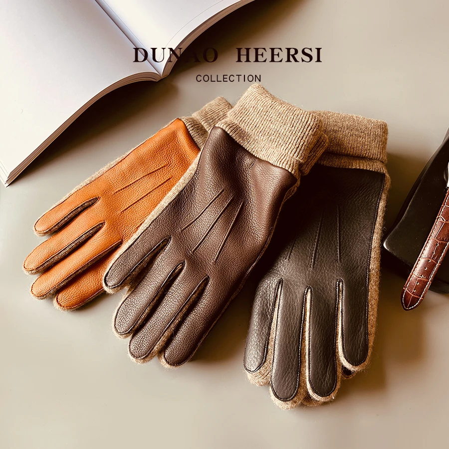 New Zealand Imported Deerskin Genuine Leather Gloves Men's Winter Fleece-lined Thickened Cold-Proof Warm Outdoor Cycling Flee...