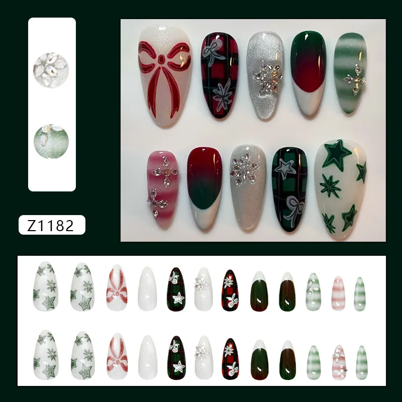 

24pcs French Red & Green Plaid Fake Nails Winter Snowflake Cat's Eye Full Coverage Nail Sparkling Diamonds Press on Nail Art
