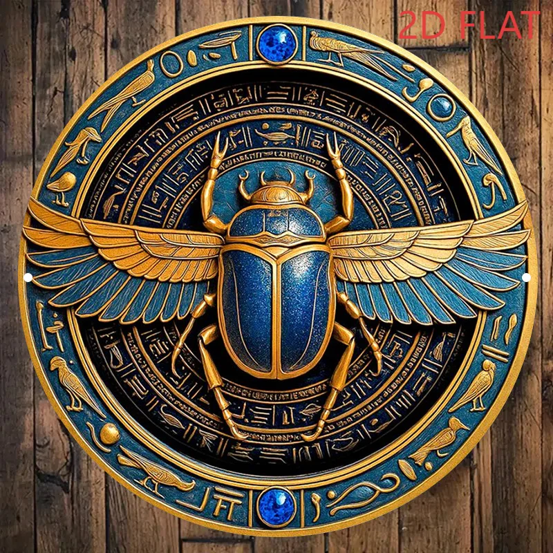 Egyptian Scarab Beetle Metal Sign Wall Art 2D Flat Blue & Gold Plaque 8x8 Inch Unique Gift