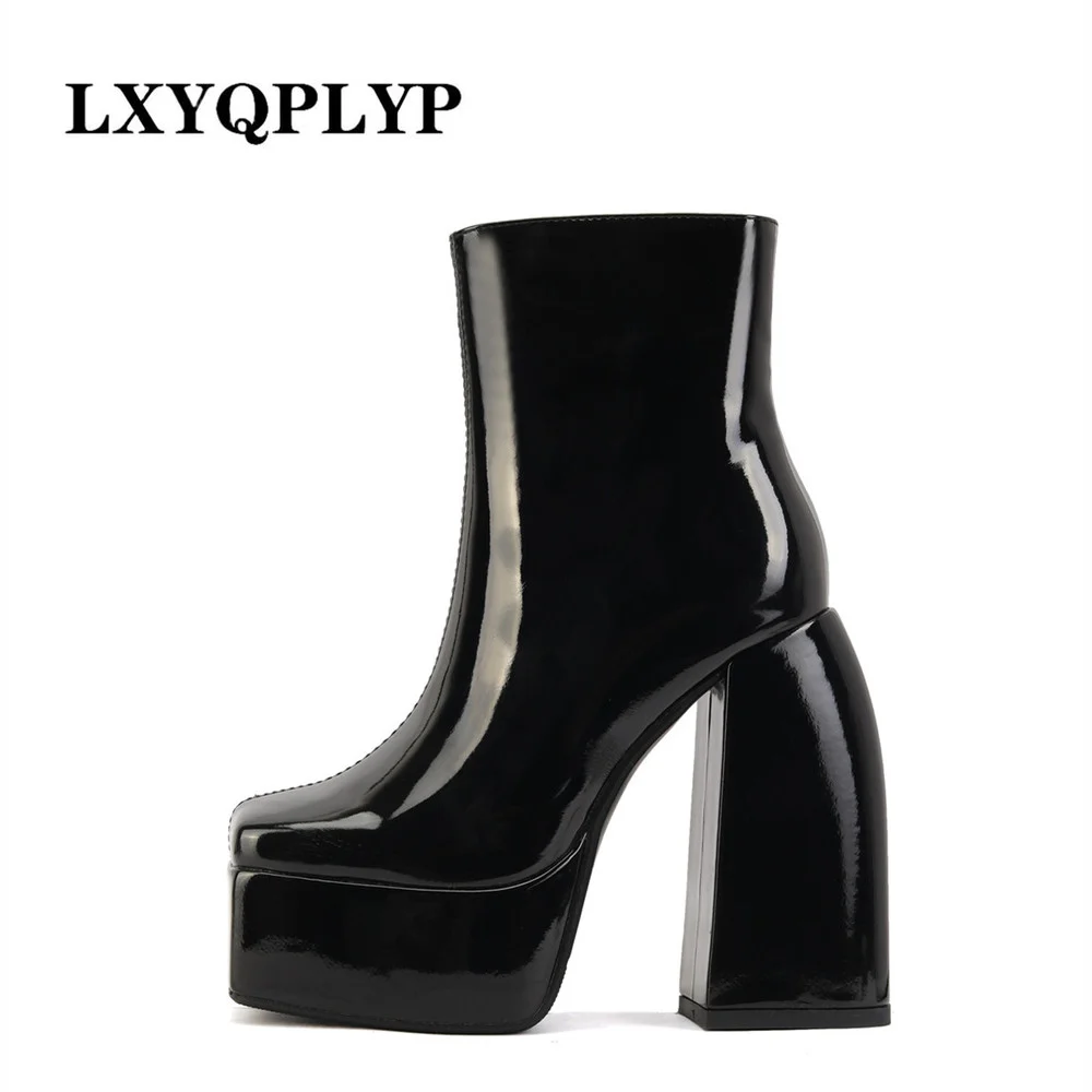 New High Quality Winter Bare Boots Zipper Square Toe Chunky Heel Fashion Boots Size 43 Winter Boots Women Platform Boots Gothic