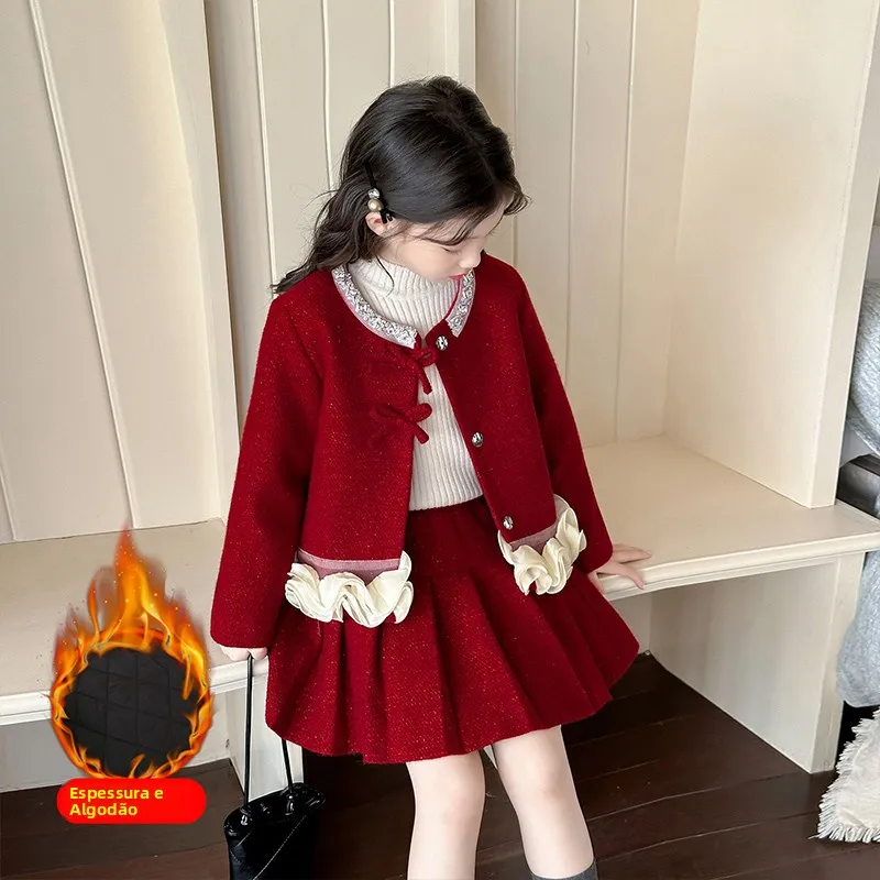 Conjunto de Vestido Acolchoado de Outono/Inverno para Meninas, Roupa Infantil da Moda para o Ano Novo, Estilo Princesa, Manga...