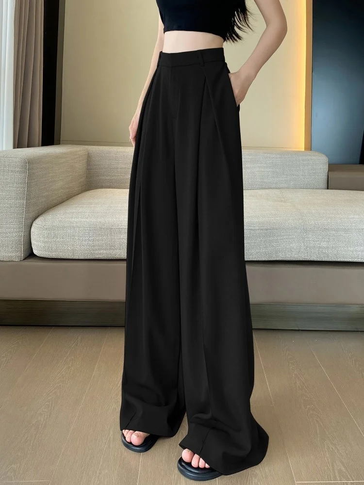 Black Grey Suit Wide Leg Pants Women's New Summer Casual Floor Mop Pants High Waisted And Draped Straight Pants