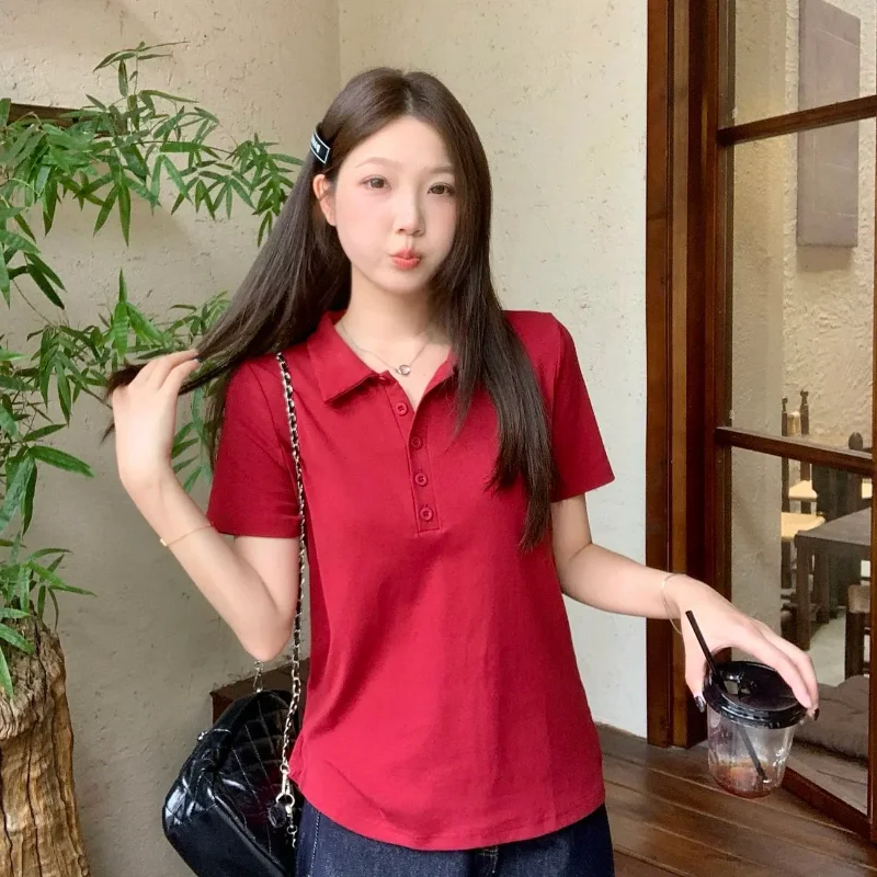 Plus Size Women Polo Shirt Cotton Short Sleeve Loose Slim Fit Solid Color Casual Top