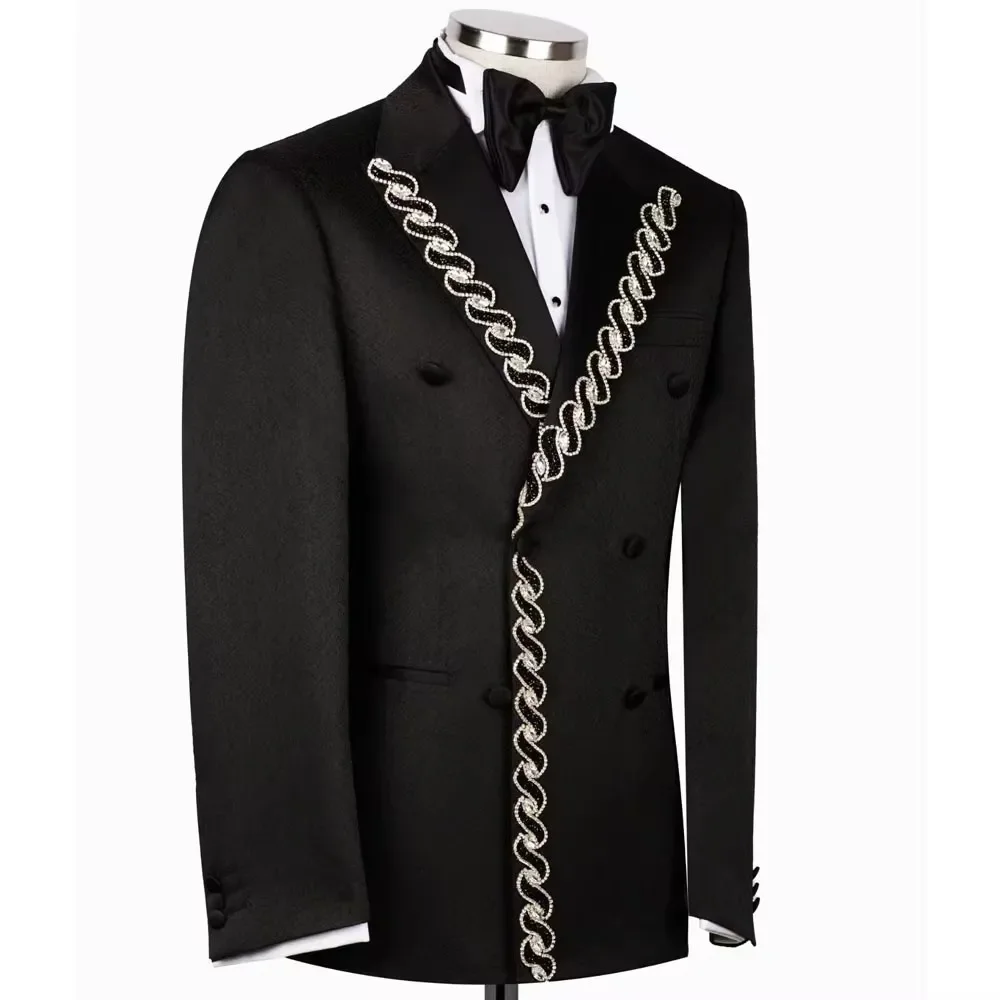 Black Suits Men For Wedding Pearls Beaded Jacket Pants 2 Pieces Groom Tuxedo Formal Business Banquet