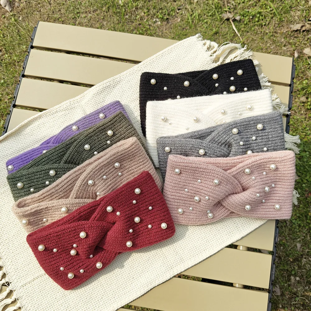 

Women Baby Headband Woolen Knitted Wide Turban Warm Headwraps for Girls Hair Accessories Child Pearl Knitted Kids Knot Headbands