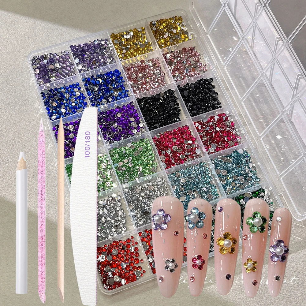 24 Grids Round Nail Rhinestones with 4 Stikcs Flatback Resin Stones Colorful Manicure Gemstone Charms Sparkle Face Eye Diamonds