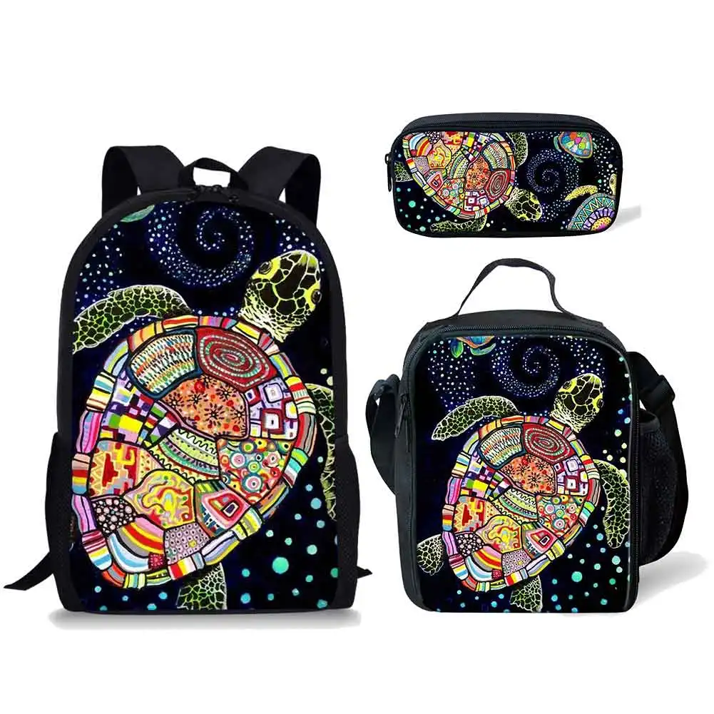 Mochila clásica con estampado 3D de tortuga para ordenador portátil, mochilas escolares para pupila, mochila de día, lonchera, estuche para lápices, Juego de 3 uds.