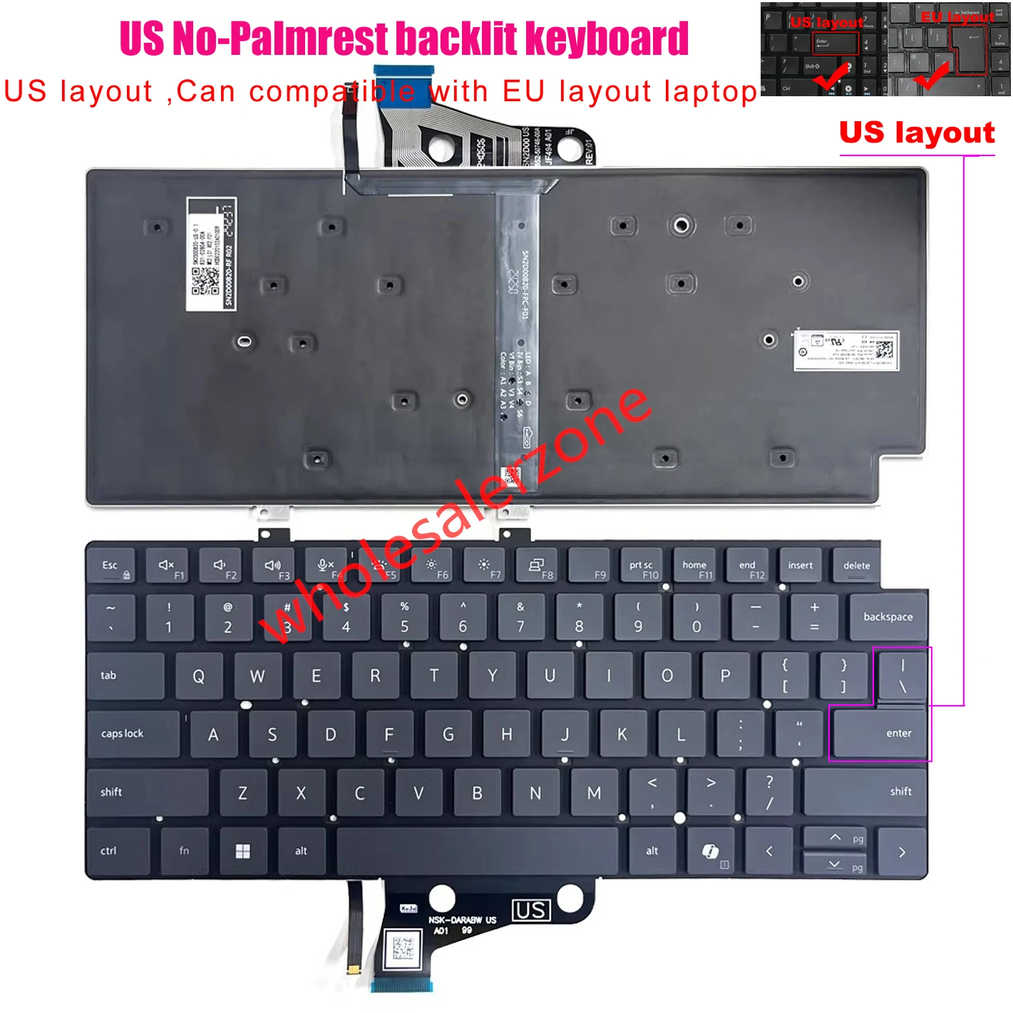 New US No-backlit /backlit Keyboard For Dell Pro 13 Plus PB13250 PB13255 P194G , Pro 13 Plus PB13250 2-in-1 /P195G series laptop