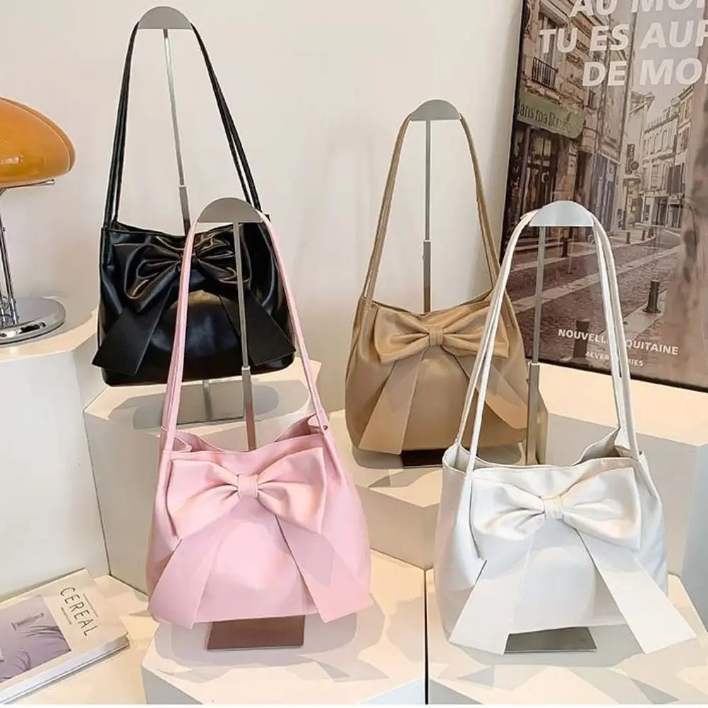 

Casual Solid Color PU Bow Shoulder Bag Korean Style Portable INS Tote Bag Bucket Bag Luxury Fashion Underarm Bag Decoration