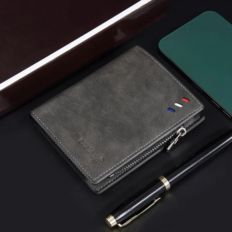 

2025 New Short Vintage Men Wallets Slim Card Photo Holder Male PU Leather Wallet Small Classic Zipper Coin Pocket Square Purses