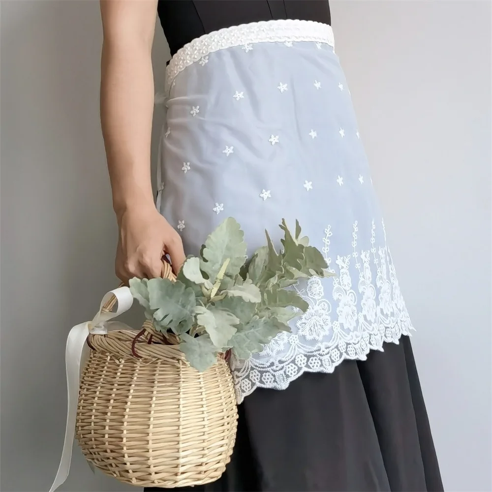 Waterproof Lace Half Waist Aprons Bucolic Embroidered Elegant Half-Length Kitchen Apron Polyester Fiber Oil-Proof