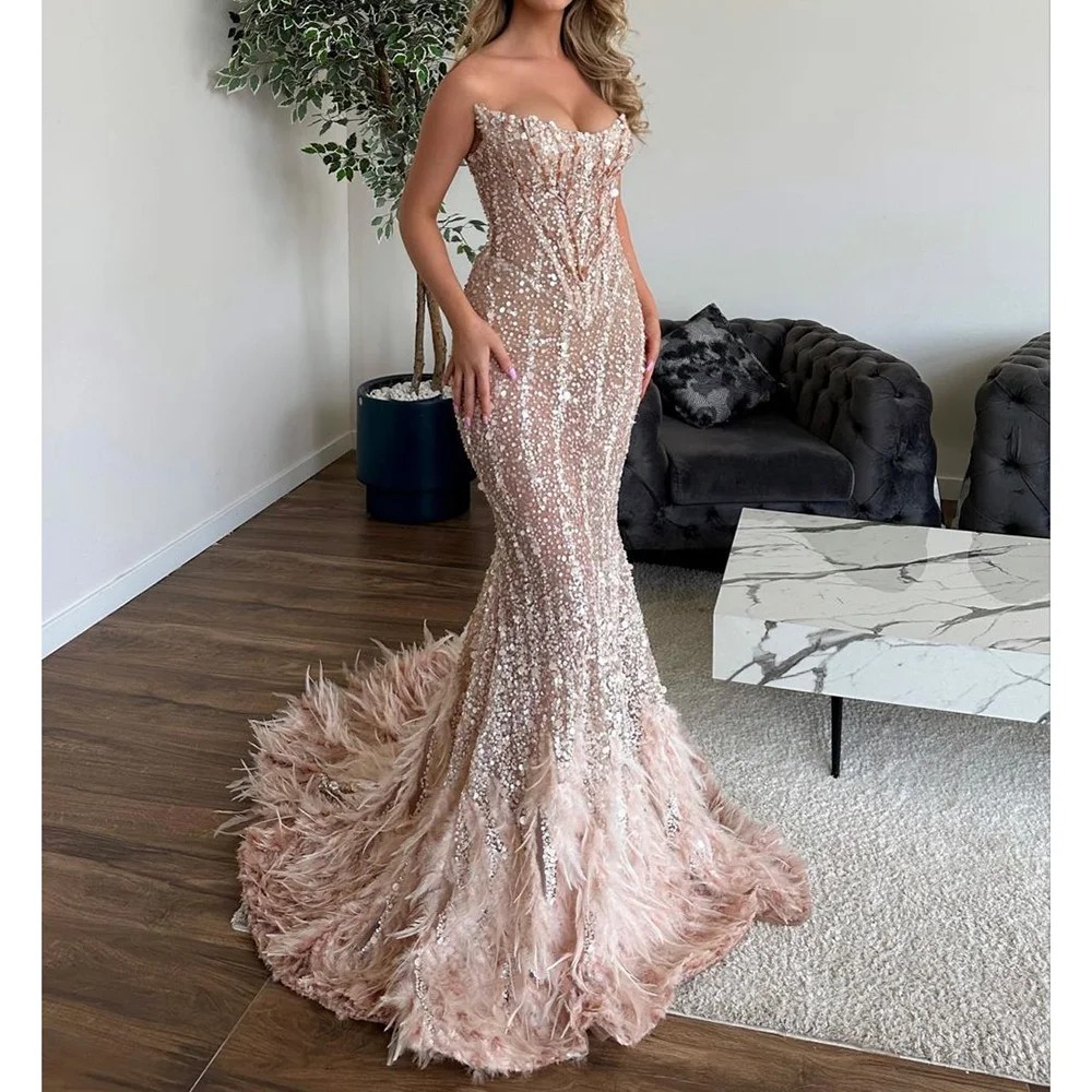 

Sweetheart Wedding Dress For Women Shinning Feather Applique Fish Tail Luxurious Evening Dresses 2025 Custom