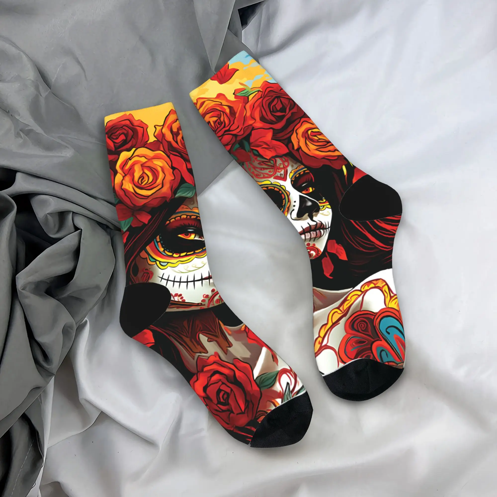 La Catrina Calavera Day of the Dead Носки на Хэллоуин Мужские забавные носки Harajuku Весна Лето Зима Средние чулки-трубы Подарок