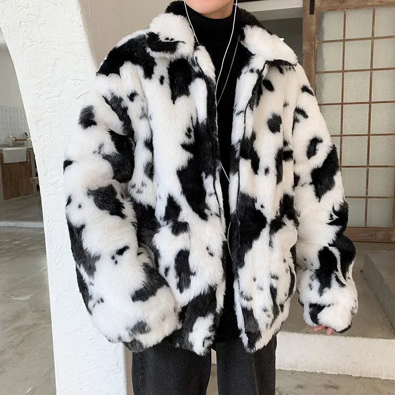 

Autumn Winter Contrast Soft Warm Faux Fur Coat Long Sleeve Plus Size Designer Men Streetwear Clothing Fluffy Jacket 2023 B76